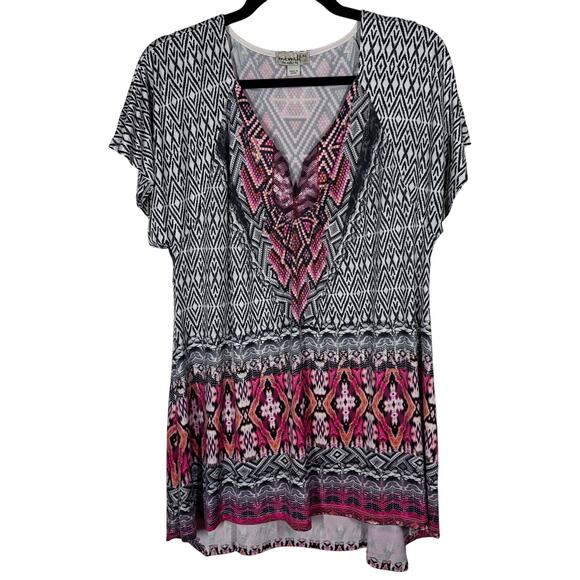 One World‎ Mixed Aztec Print Sequin Stretch Short Sleeve Tunic Top Women's XL - Picture 1 of 9